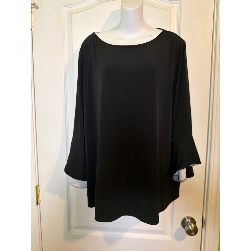 QVC Black Bell Sleeve Blouse White Contrast Flared Cuffs Boat Neck Top A307900